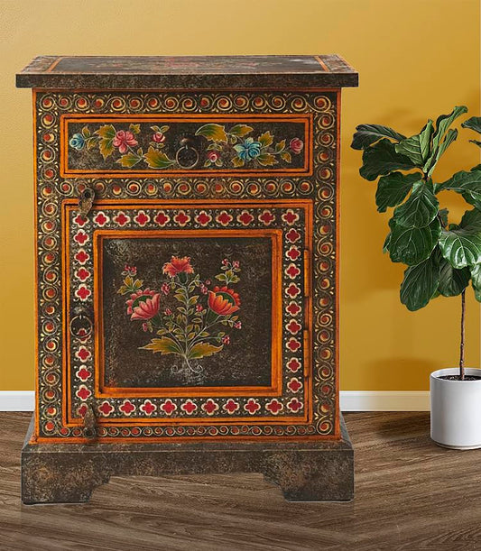 Wooden Handpainted Side Table with Door & Drawer Storage Portable Bedside End Table (Multicolor)