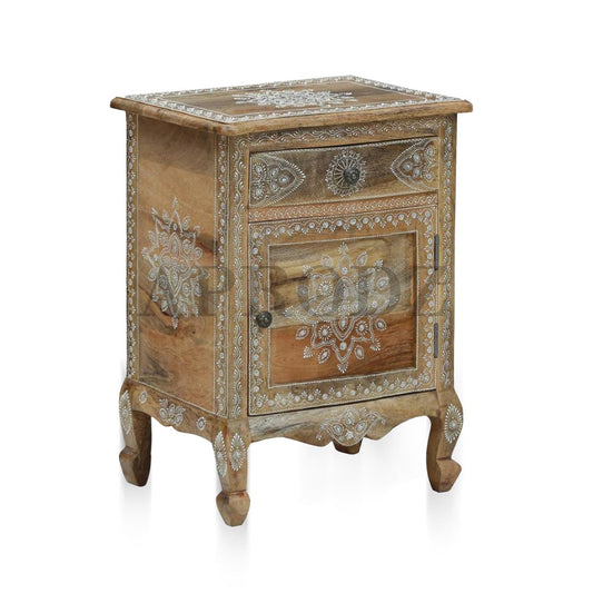 Wooden Handpainted Side Table with Door & Drawer Storage Portable Bedside End Table (Multicolor)