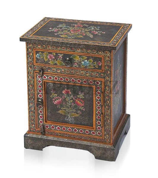 Wooden Handpainted Side Table with Door & Drawer Storage Portable Bedside End Table (Multicolor)