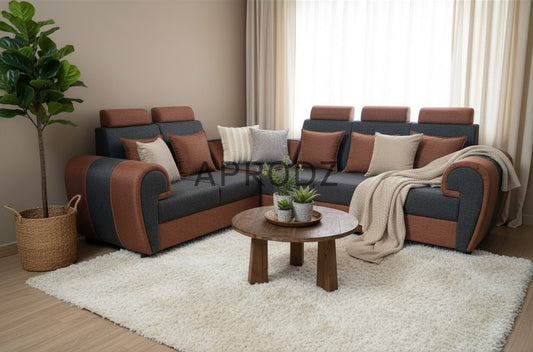 L-Shaped Sectional 6-Seater Sofa with Cushion & Coffee Table Padded Armrest Perfect Faux Leather Fabric Corner Sofa for Guests Living Room, Drawing Room, Office & Lounge (Dual Tone Grey/Brown) 