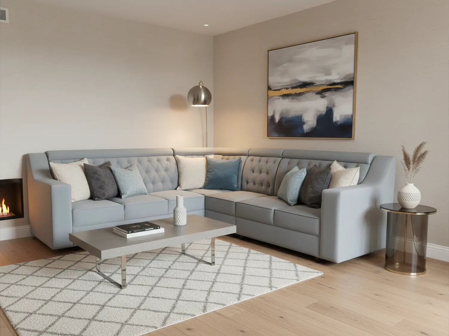 L-Shaped Sectional 6-Seater Sofa with Tufted Back Padded Armrest Perfect Fabric Corner Sofa for Guests Living Room, Drawing Room, Office & Lounge (Light Grey) 