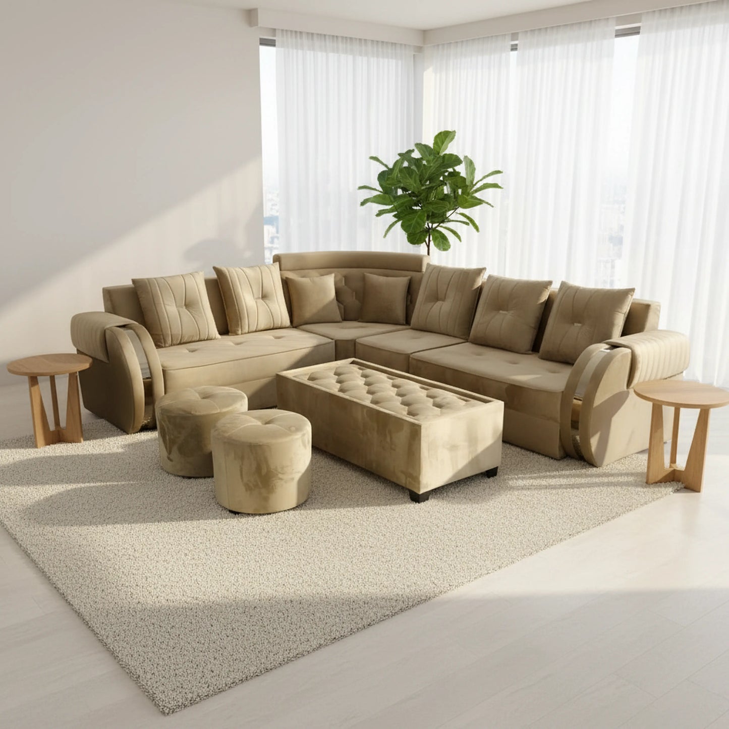 L-Shaped Sectional 6-Seater Sofa with Coffee Table & 2 Ottoman Stools Padded Armrest Perfect Fabric Corner Sofa for Guests Living Room, Drawing Room, Office & Lounge (Beige) 