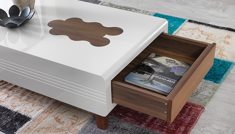 Mango Wood Coffee Table with Drawer & Open Shelf – White & Brown 