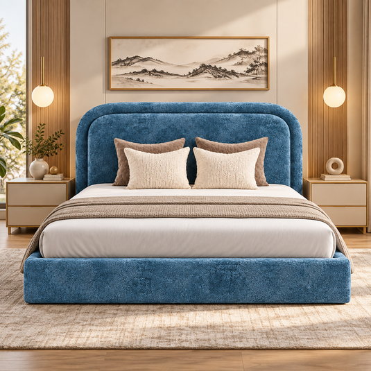 Translation missing: en.Ocean Blue Upholstered Platform Bed with Curved Rounded Headboard &amp; Textured Fabric Frame 