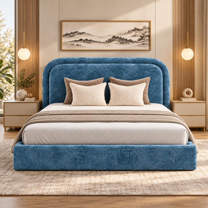 Translation missing: en.Ocean Blue Upholstered Platform Bed with Curved Rounded Headboard &amp; Textured Fabric Frame 