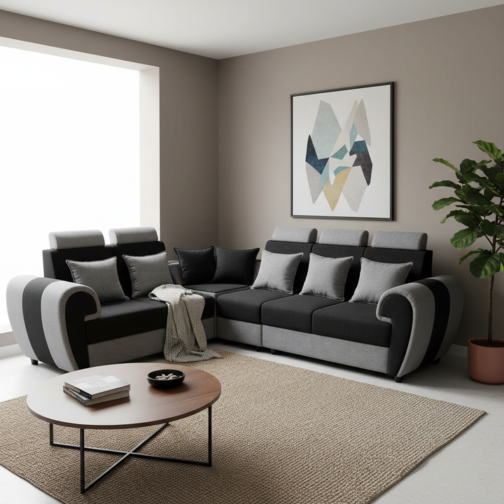 Translation missing: en.L-Shaped Sectional 6-Seater Sofa with Cushion &amp; Padded Armrest, Perfect Faux Leather Fabric Corner 