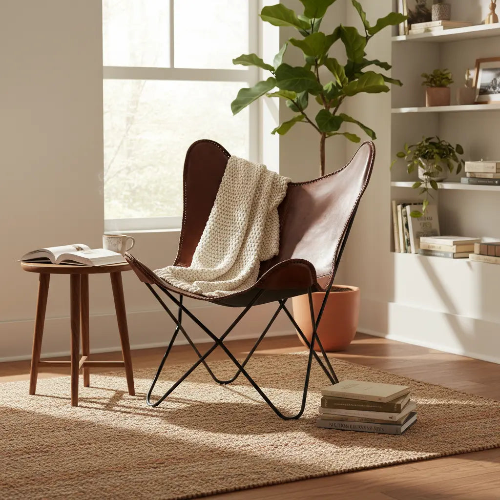 Butterfly Chair with Genuine Leather Upholstery | Modern Accent Lounge Chair | Stylish Metal Frame Relaxing Chair 