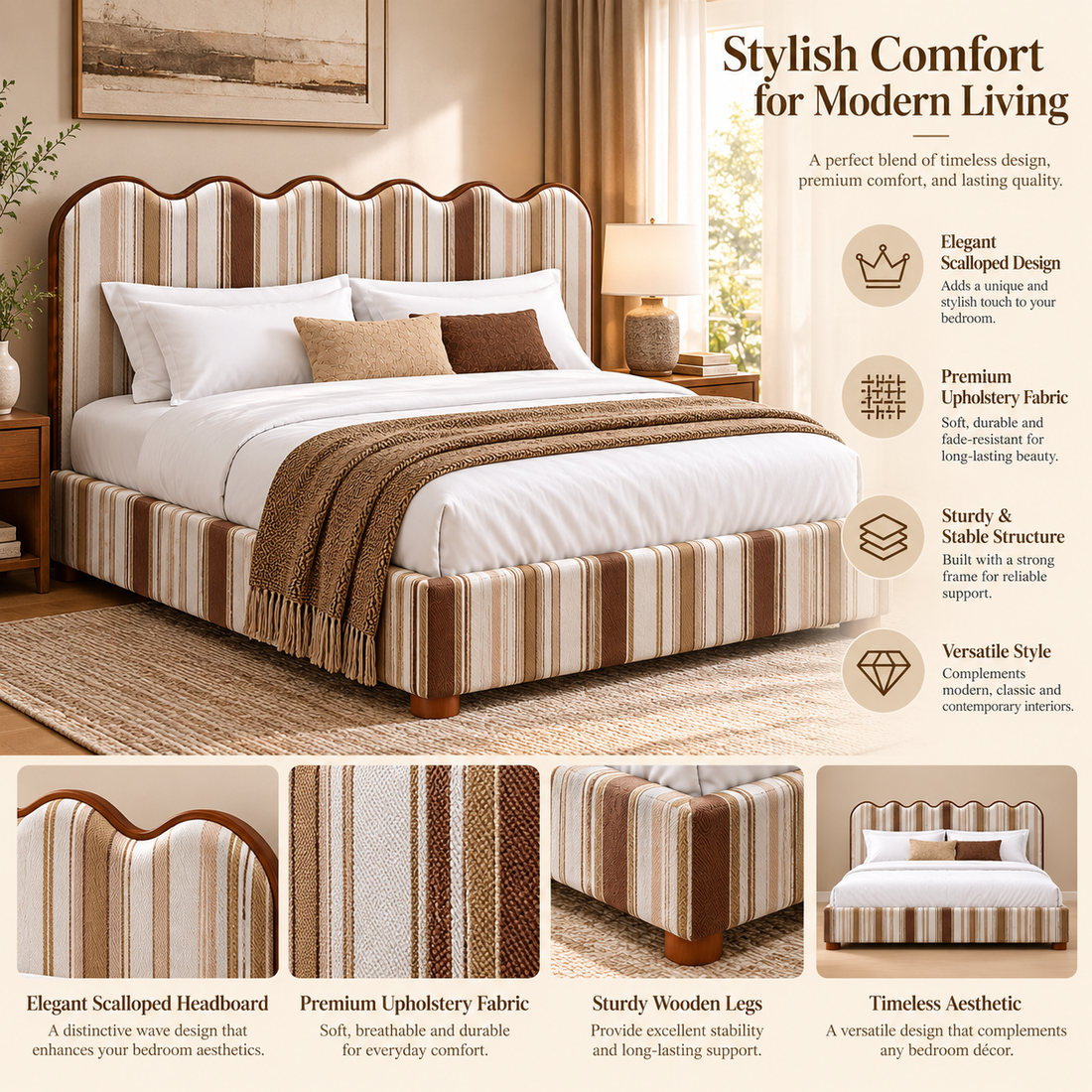Upholstered Bed with Scalloped Wave Headboard, Striped Fabric Bed Frame for Bedroom, Modern Platform Bed with Wooden Feet, Beige Brown Stripe(Cream & Brown Stripe) 