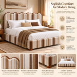 Upholstered Bed with Scalloped Wave Headboard, Striped Fabric Bed Frame for Bedroom, Modern Platform Bed with Wooden Feet, Beige Brown Stripe(Cream & Brown Stripe) 