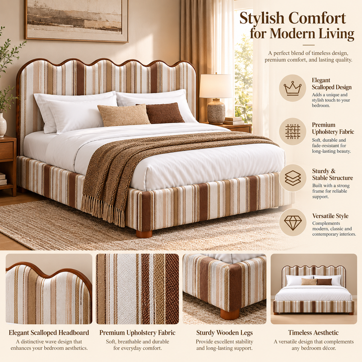 Translation missing: en.Upholstered Bed with Scalloped Wave Headboard, Striped Fabric Bed Frame for Bedroom, Modern Platform Bed with Wooden Feet, Beige Brown Stripe(Cream &amp; Brown Stripe) 