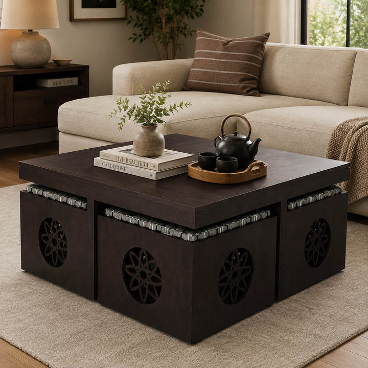 Translation missing: en.Solid Sheesham Wood Coffee Table with 4 Stools 