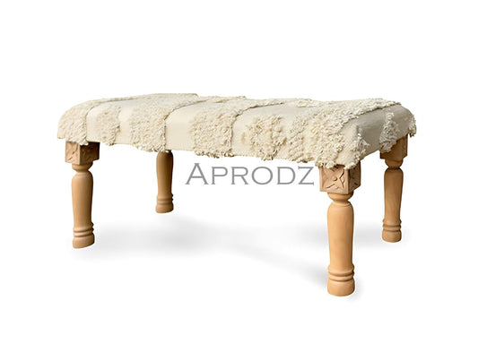 Modern Tufted Upholstered Velvet and Metal Bench Ottoman (Cream) 