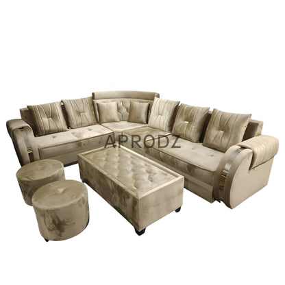 L-Shaped Sectional 6-Seater Sofa with Coffee Table & 2 Ottoman Stools Padded Armrest Perfect Fabric Corner Sofa for Guests Living Room, Drawing Room, Office & Lounge (Beige) 
