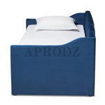 Side view of navy blue Krease Daybed with Trundle Bed, highlighting its compact and plush design.