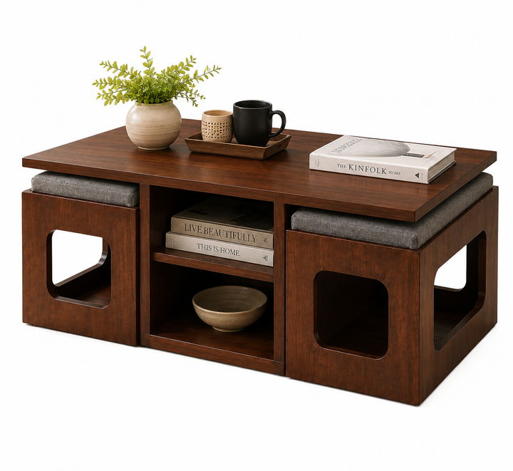 Translation missing: en.Modern Solid Sheesham Wood Coffee Table with 2 Cushioned Stools | Space Saving Center Table with Dual Storage Shelves for Living Room | Premium Brown Finish 