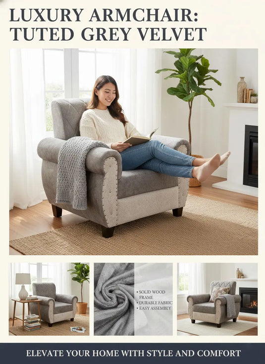 Translation missing: en.Sofa | Wood Frame Suede Fabric 40D Foam Cushion | Comfortable, Durable, Stylish &amp; Modern for Living Room Furniture | Compact Design Lounge Seat Relaxation (Light Grey + Beige) 