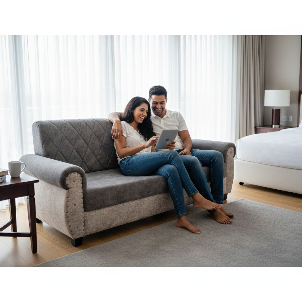 Sofa | Wood Frame Suede Fabric 40D Foam Cushion | Comfortable, Durable, Stylish & Modern for Living Room Furniture | Compact Design Lounge Seat Relaxation (Light Grey + Beige 4) 