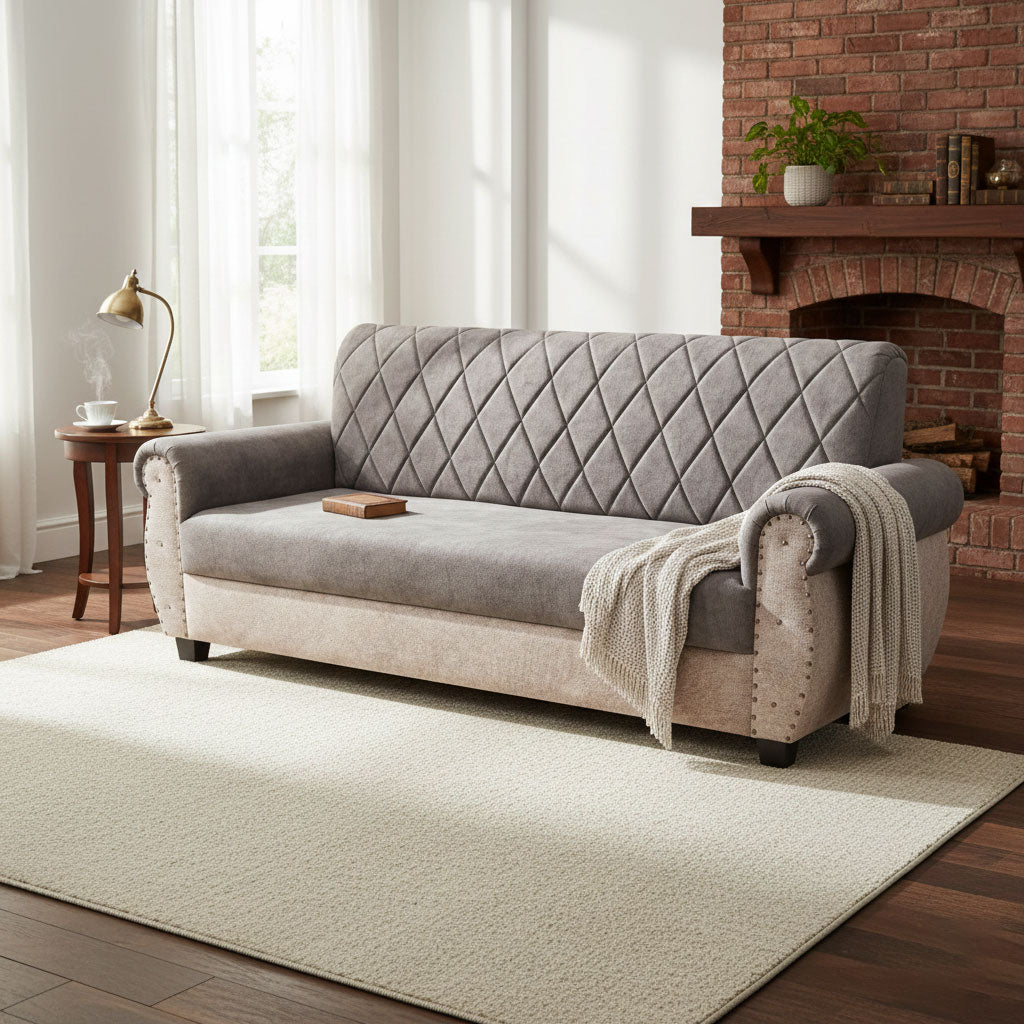 Sofa | Wood Frame Suede Fabric 40D Foam Cushion | Comfortable, Durable, Stylish & Modern for Living Room Furniture | Compact Design Lounge Seat Relaxation (Light Grey + Beige 2) 