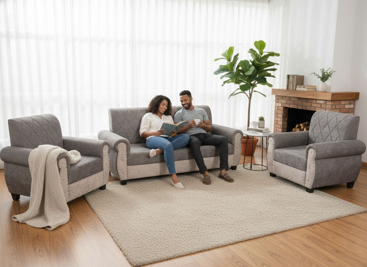 Sofa | Wood Frame Suede Fabric 40D Foam Cushion | Comfortable, Durable, Stylish & Modern for Living Room Furniture | Compact Design Lounge Seat Relaxation (Light Grey + Beige 3) 