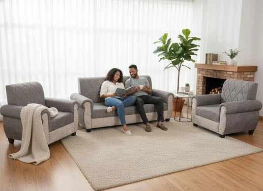 Translation missing: en.Sofa | Wood Frame Suede Fabric 40D Foam Cushion | Comfortable, Durable, Stylish &amp; Modern for Living Room Furniture | Compact Design Lounge Seat Relaxation (Light Grey + Beige 3) 