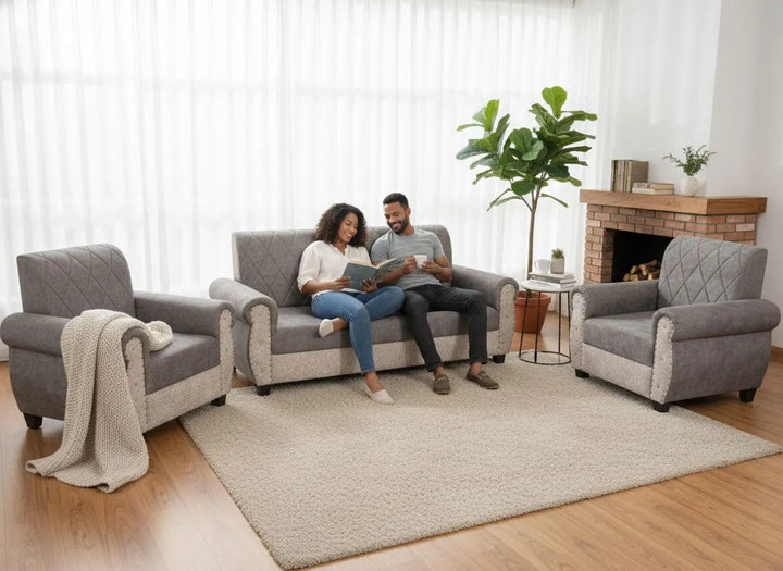 Translation missing: en.Sofa | Wood Frame Suede Fabric 40D Foam Cushion | Comfortable, Durable, Stylish &amp; Modern for Living Room Furniture | Compact Design Lounge Seat Relaxation (Light Grey + Beige 3) 