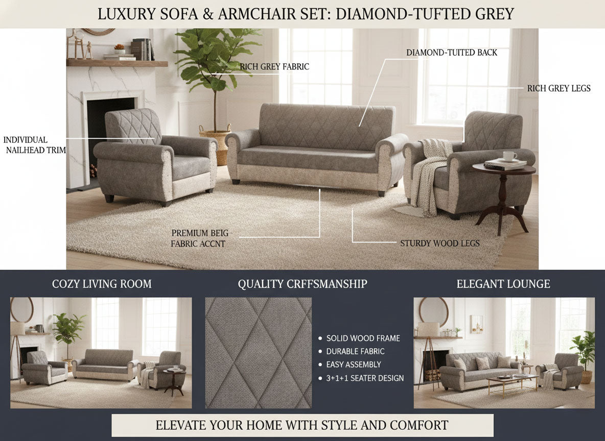 Sofa | Wood Frame Suede Fabric 40D Foam Cushion | Comfortable, Durable, Stylish & Modern for Living Room Furniture | Compact Design Lounge Seat Relaxation (Light Grey + Beige 3) 