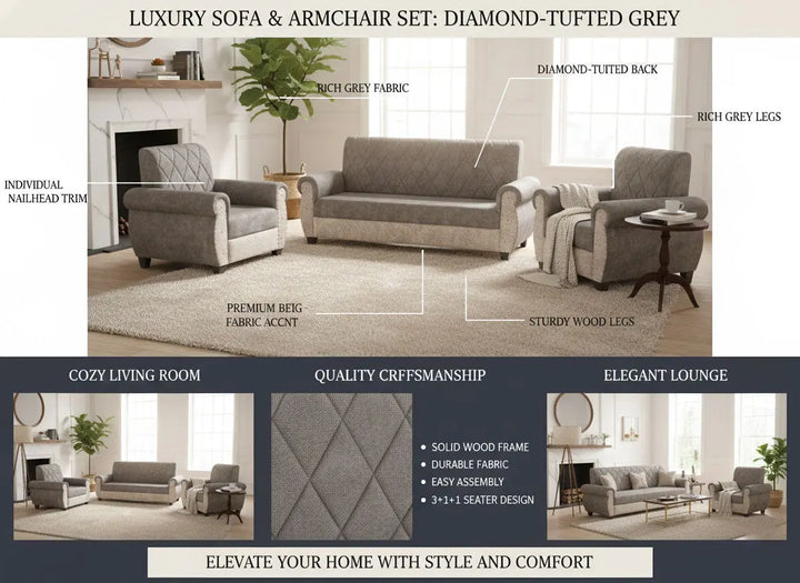 Translation missing: en.Sofa | Wood Frame Suede Fabric 40D Foam Cushion | Comfortable, Durable, Stylish &amp; Modern for Living Room Furniture | Compact Design Lounge Seat Relaxation (Light Grey + Beige 3) 