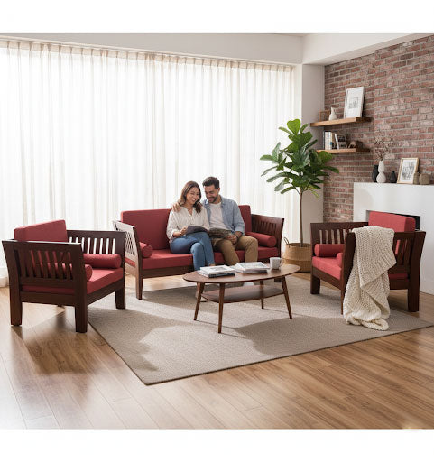 Mocko Sheesham Wood 3+1+1 Seater Sofa Set with Cushions for Living Room 