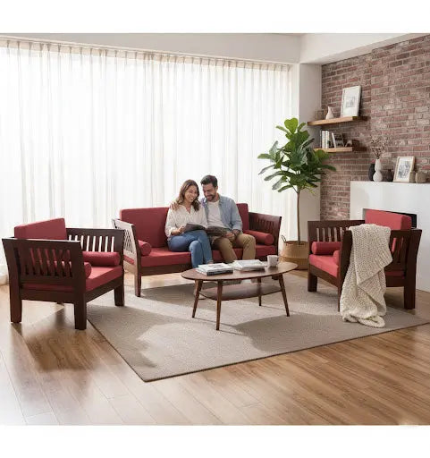 Mocko Sheesham Wood 3+1+1 Seater Sofa Set with Cushions for Living Room 