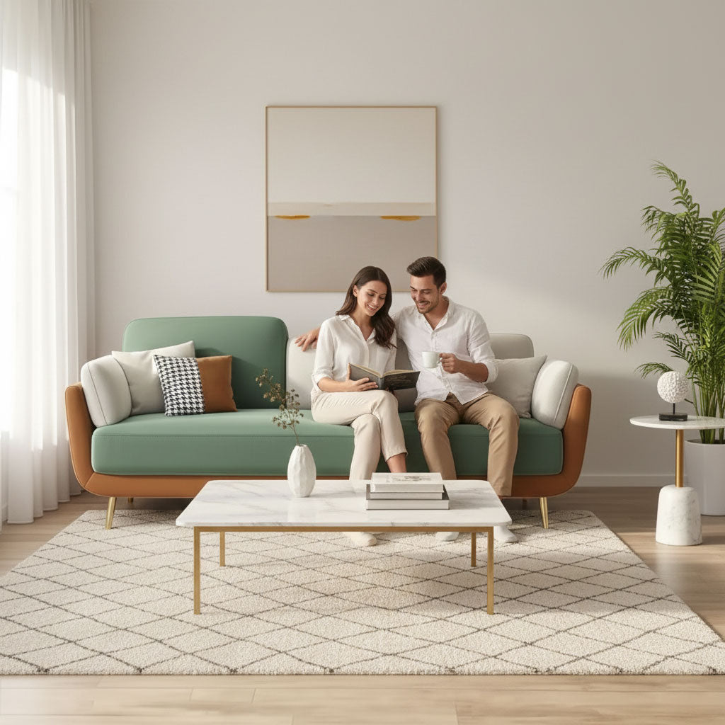 Aprodz  Luxelle Earthy Colourblock 3-Seater Sofa – Sage Green, Beige & Tan Fabric Couch | Gold Metal Legs | Removable Cushions | Stylish Modern Sofa for Living Room 