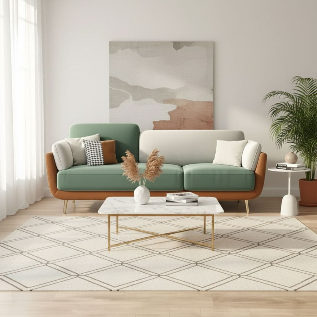 Aprodz  Luxelle Earthy Colourblock 3-Seater Sofa – Sage Green, Beige & Tan Fabric Couch | Gold Metal Legs | Removable Cushions | Stylish Modern Sofa for Living Room 