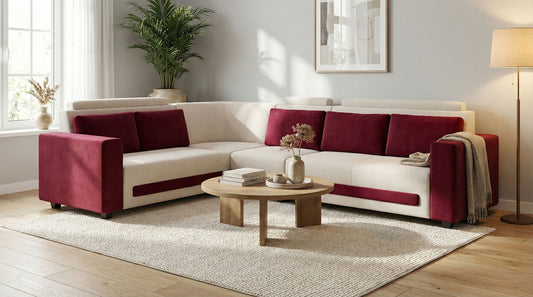 Modern L-Shaped Sectional Sofa, 6-Seater, Purple and Cream, Contemporary Design 