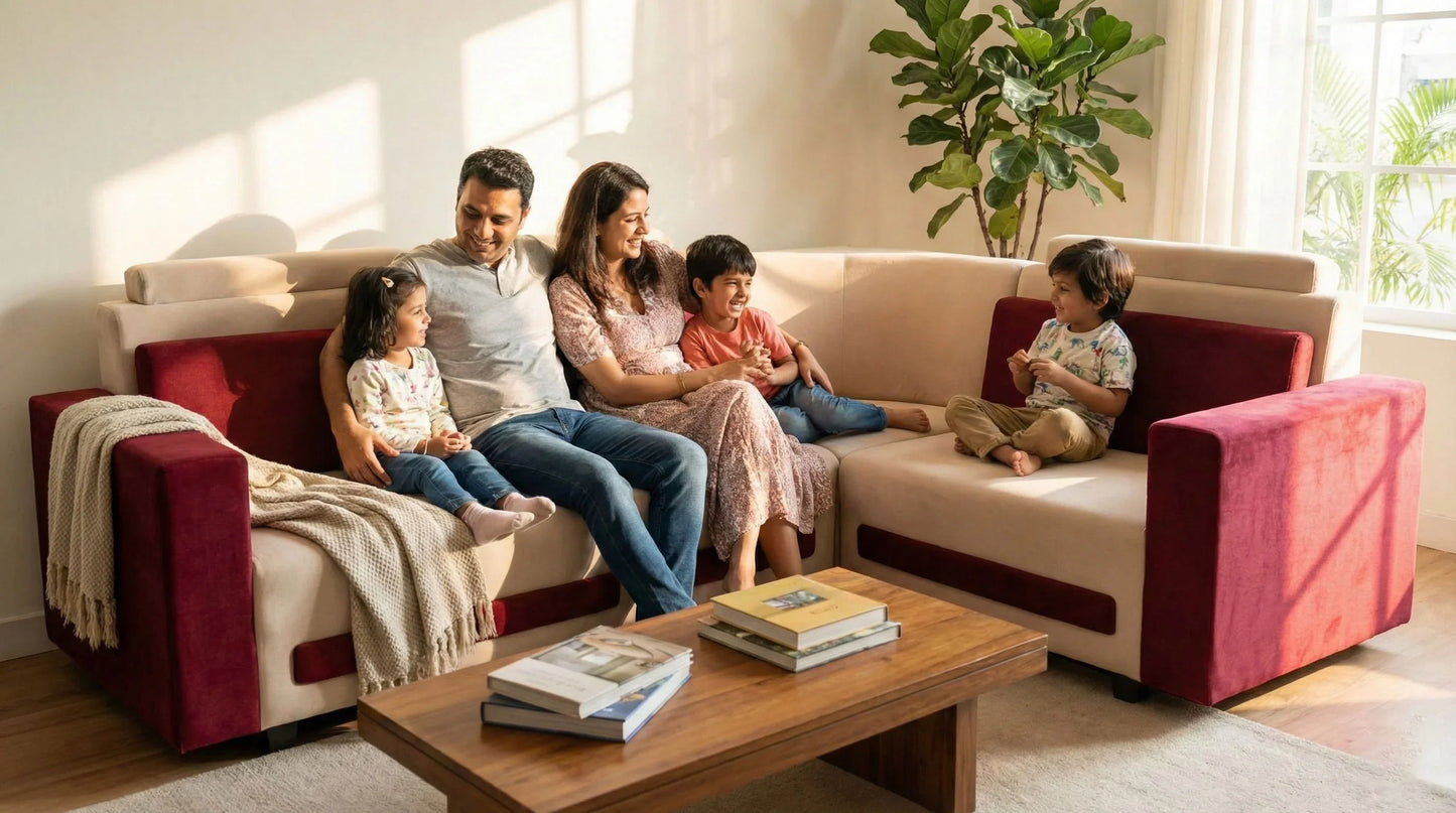 Modern L-Shaped Sectional Sofa, 6-Seater, Purple and Cream, Contemporary Design 