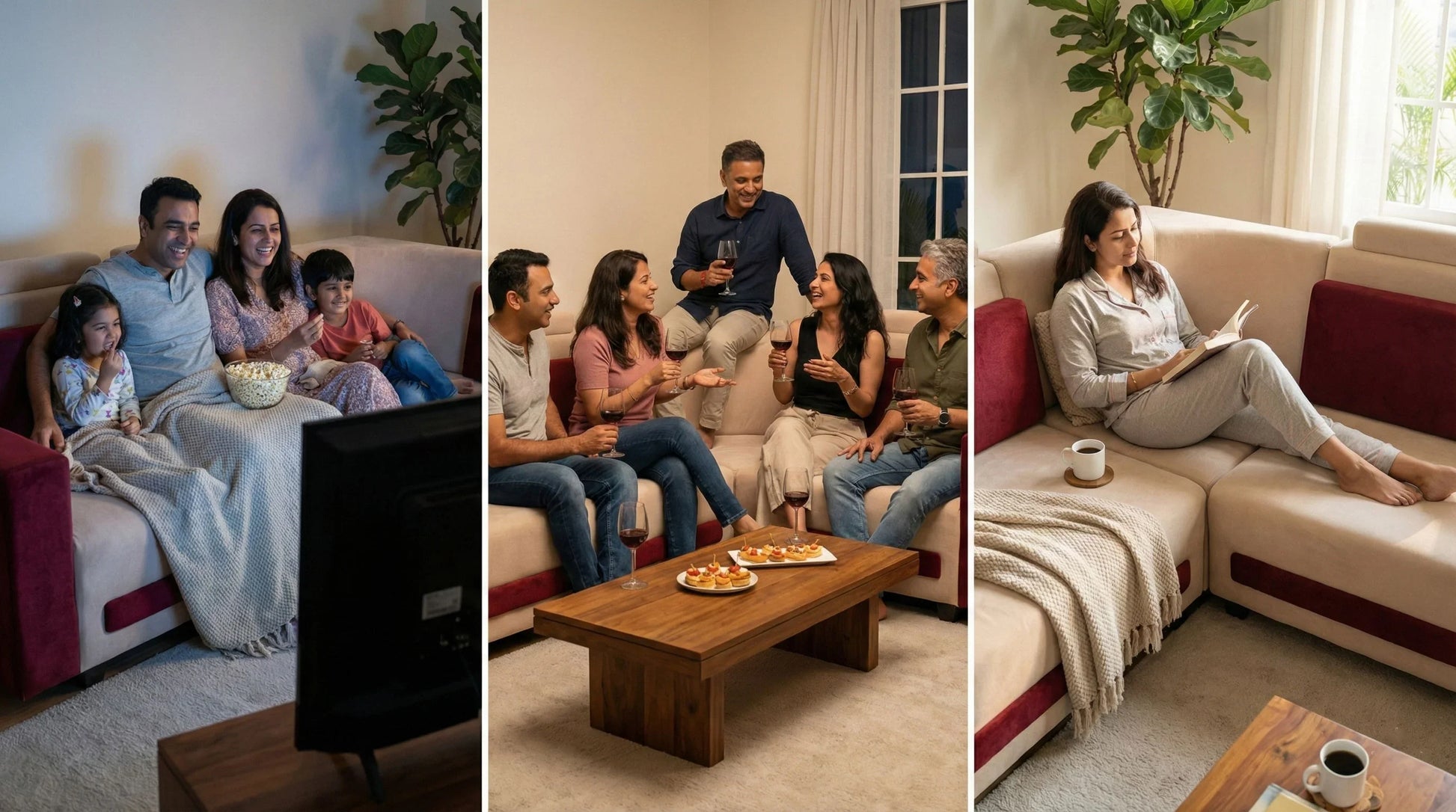 Modern L-Shaped Sectional Sofa, 6-Seater, Purple and Cream, Contemporary Design 