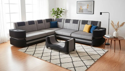 Modern L-Shaped Sectional 7-Seater Sofa with Coffee Table Padded Armrest Perfect Fabric Corner Sofa for Guests Living Room, Drawing Room, Office & Lounge Grey and Black 