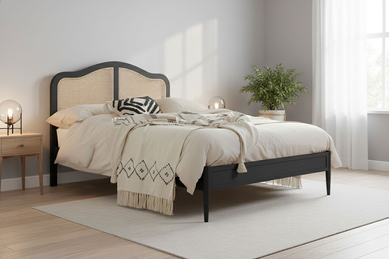 Rattan Cane Bed with Headboard, King Size & Queen Size Sheesham Wood Frame, Black 