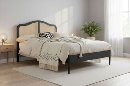 Rattan Cane Bed with Headboard, King Size & Queen Size Sheesham Wood Frame, Black 