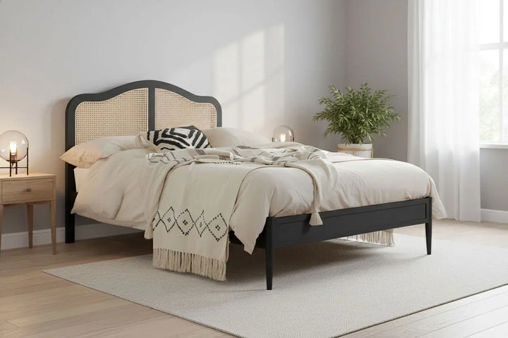 Translation missing: en.Rattan Cane Bed with Headboard, King Size &amp; Queen Size Sheesham Wood Frame, Black 