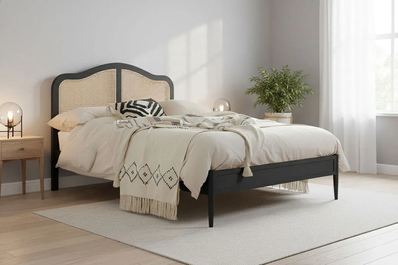 Rattan Cane Bed with Headboard, King Size & Queen Size Sheesham Wood Frame, Black 