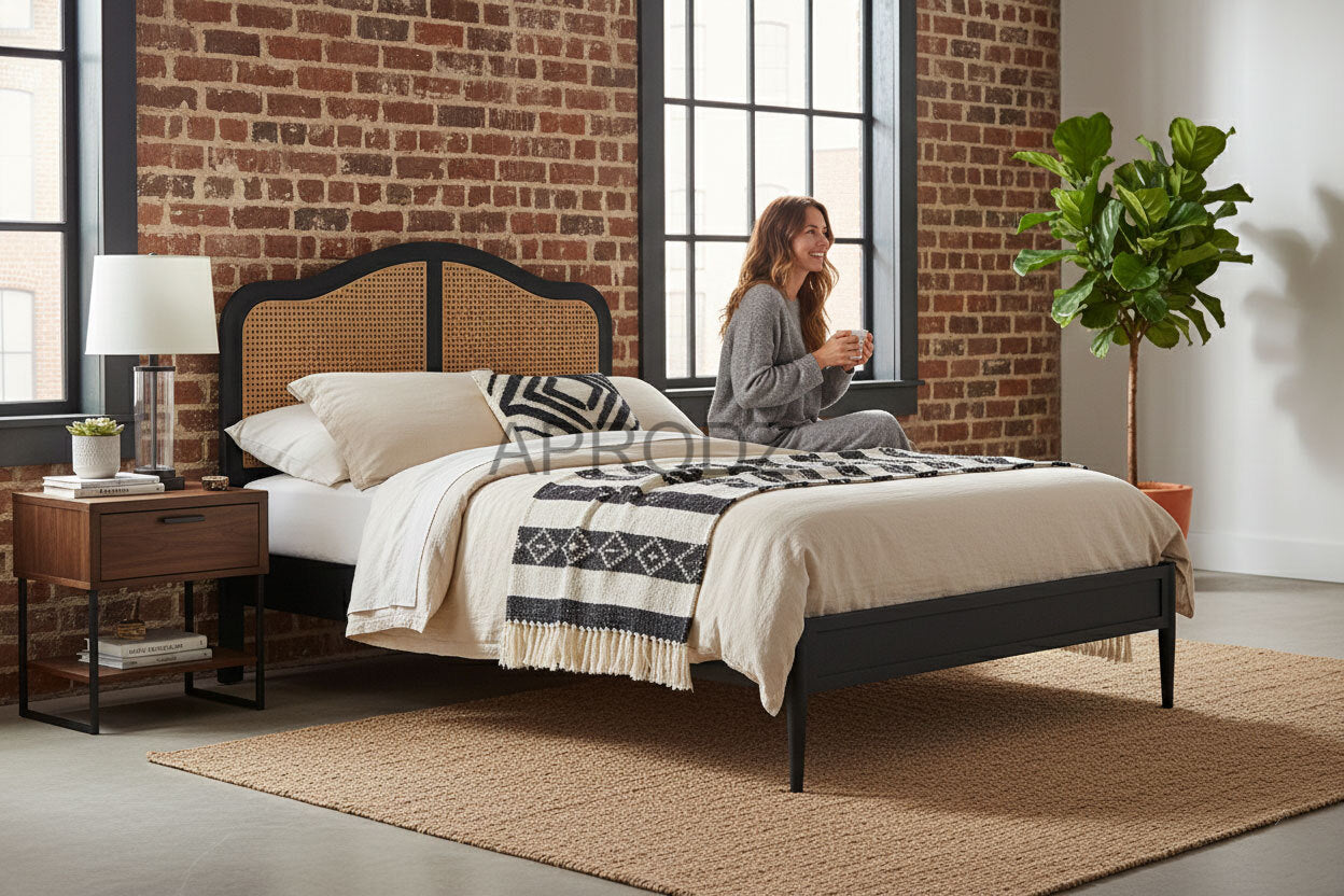 Rattan Cane Bed with Headboard, King Size & Queen Size Sheesham Wood Frame, Black 