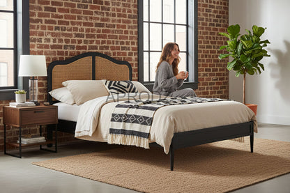 Rattan Cane Bed with Headboard, King Size & Queen Size Sheesham Wood Frame, Black 