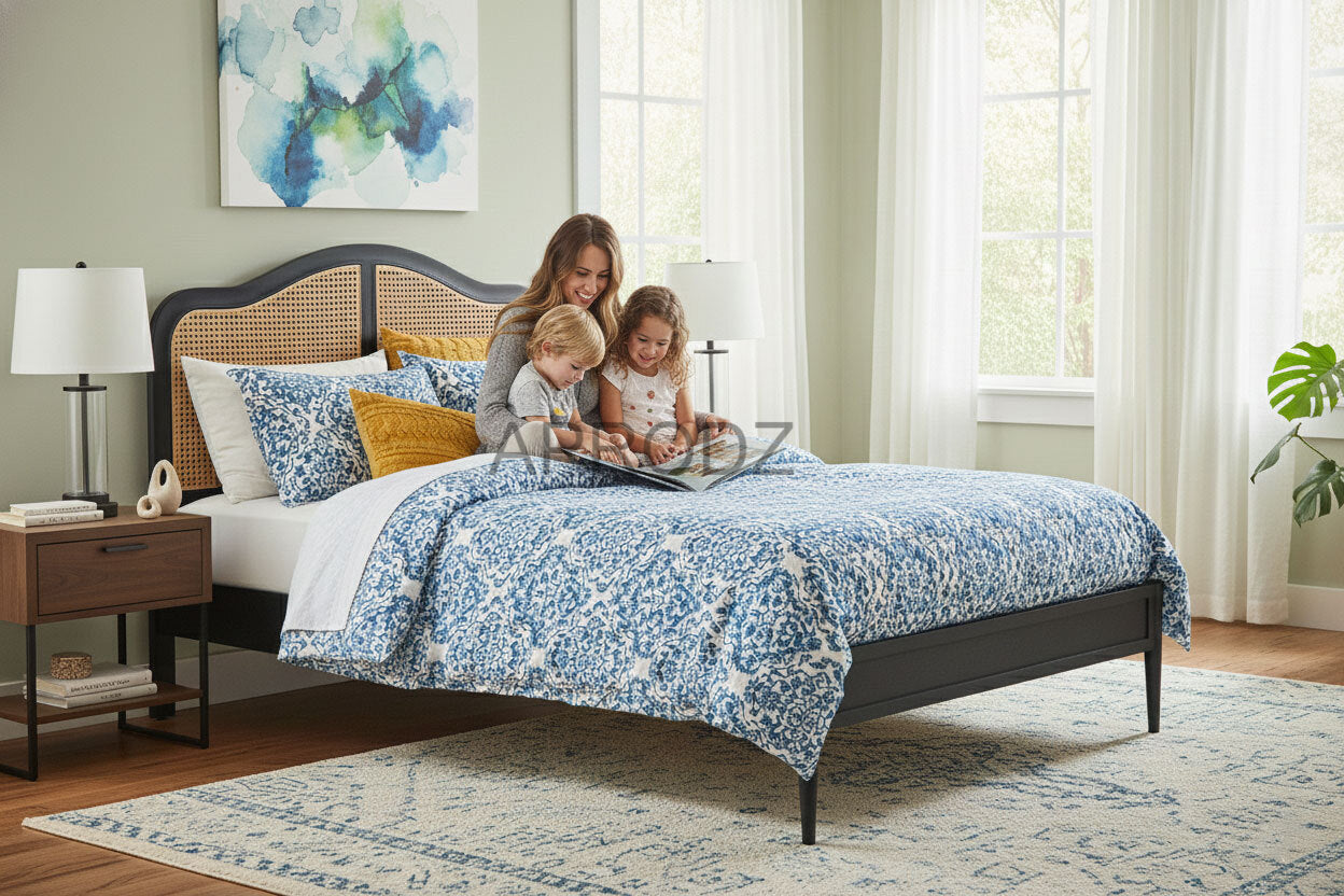 Rattan Cane Bed with Headboard, King Size & Queen Size Sheesham Wood Frame, Black 