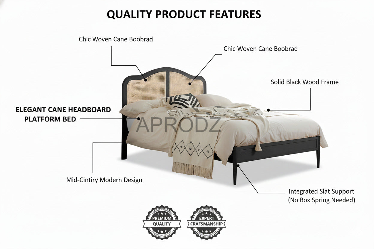 Rattan Cane Bed with Headboard, King Size & Queen Size Sheesham Wood Frame, Black 