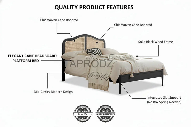 Rattan Cane Bed with Headboard, King Size & Queen Size Sheesham Wood Frame, Black 