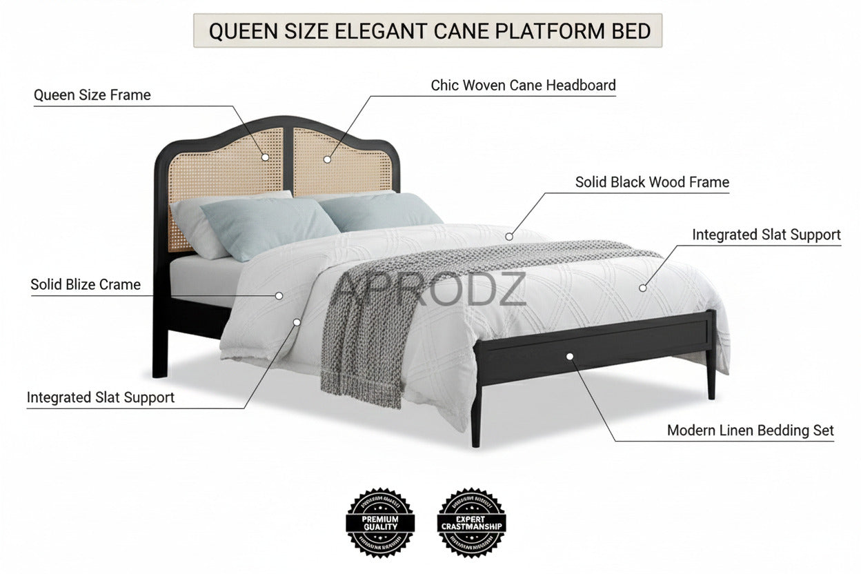Rattan Cane Bed with Headboard, King Size & Queen Size Sheesham Wood Frame, Black 