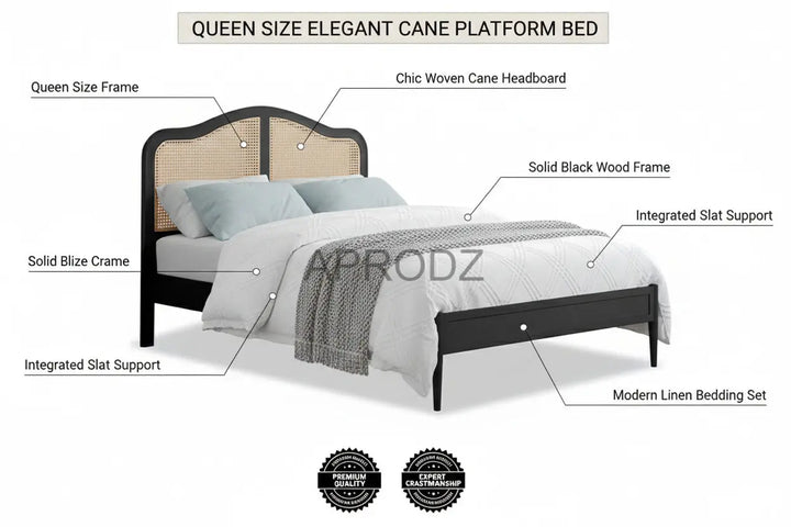 Translation missing: en.Rattan Cane Bed with Headboard, King Size &amp; Queen Size Sheesham Wood Frame, Black 