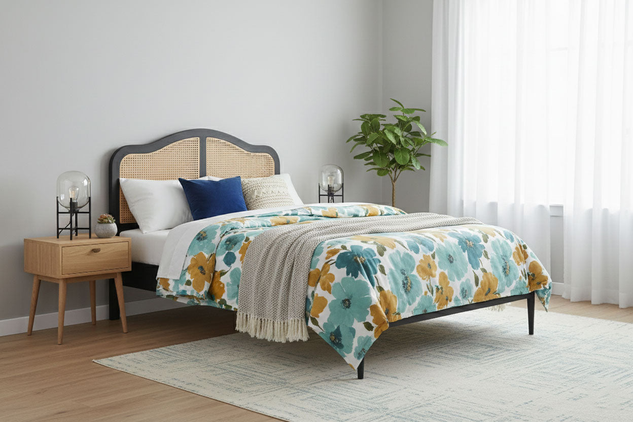 Rattan Cane Bed with Headboard, King Size & Queen Size Sheesham Wood Frame, Black 