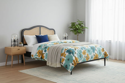 Rattan Cane Bed with Headboard, King Size & Queen Size Sheesham Wood Frame, Black 