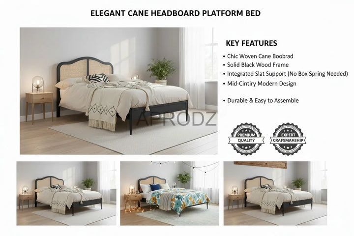Translation missing: en.Rattan Cane Bed with Headboard, King Size &amp; Queen Size Sheesham Wood Frame, Black 
