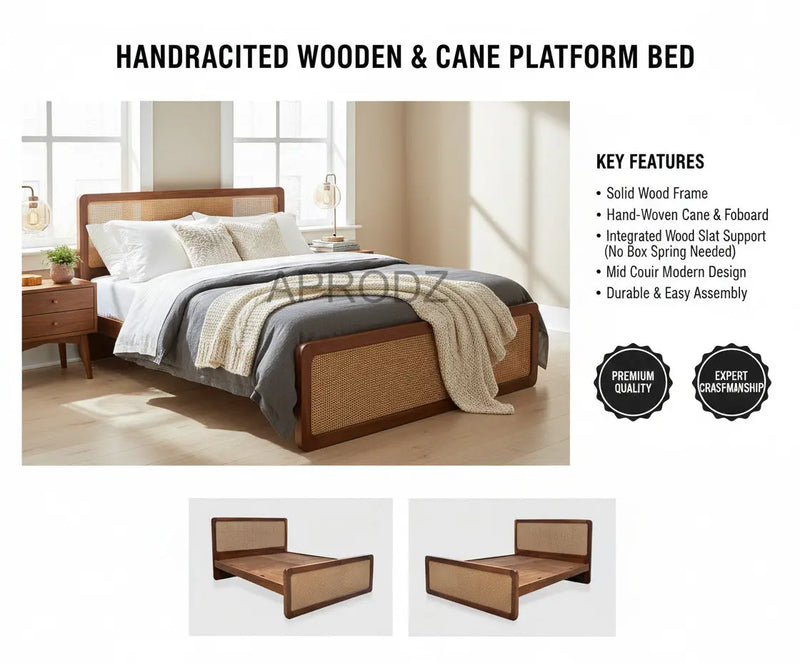 King & Queen Size Sheesham Wood Bed with Cane Panels Walnut Brown Finish 